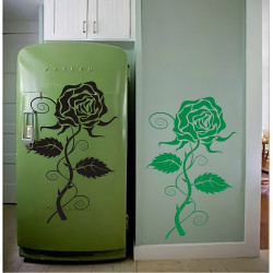 Big rose decal on a refrigerator and kitchen wall