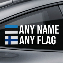 Two identical custom driver name stickers with any country flag