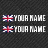 Two identical custom car name stickers with country flag