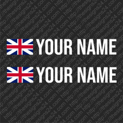 Two identical custom car name stickers with country (British) flag