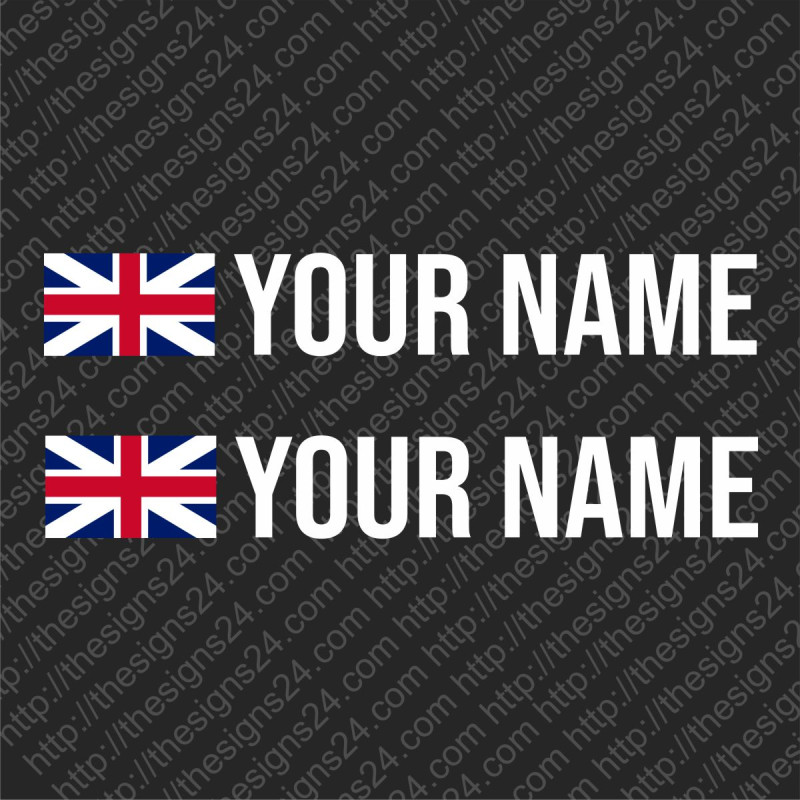 Two identical custom car name stickers with country flag